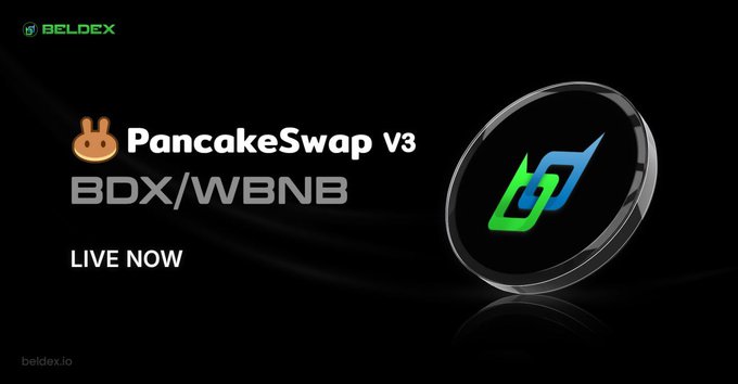 A promotional graphic announcing 'PancakeSwap V3 BDX/WBNB LIVE NOW' with Beldex branding and beldex.io displayed.