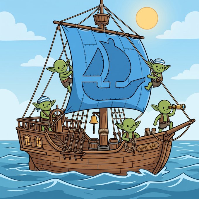 Cartoon illustration of green-skinned goblin-like creatures sailing a wooden pirate ship named 'WAVE-EAR' on the ocean, with a blue sail displaying a stylized logo.