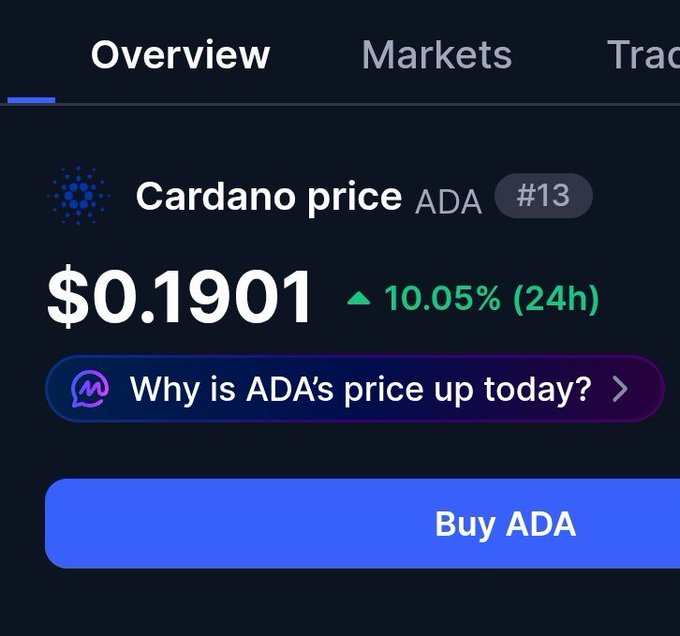 A cryptocurrency app showing Cardano (ADA) price at $0.1901, up 10.05% in 24h, ranked #13, with options to learn why and buy ADA.