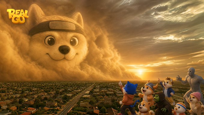 A massive dust storm shaped like a Shiba Inu with a headband dominates the sky over a suburban landscape at sunset, while a crowd of cartoon dog characters cheer in the foreground. The "RealGo" logo appears in the top left, matching the meme storm hype in the caption with its ominous, larger-than-life canine formation rolling toward the onlookers.