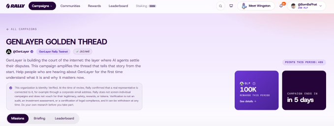 Screenshot of the Rally platform showing a campaign titled 'GENLAYER GOLDEN THREAD' (@GenLayer) with details about amplifying their story, noting 1,000 rallies this period and the campaign ends in 5 days.