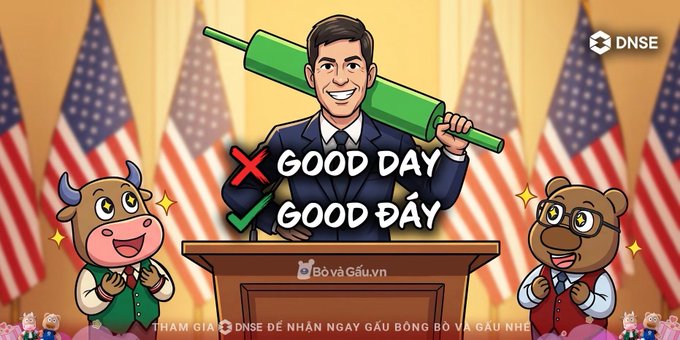 A cartoon image showing a smiling man holding a green baton behind a podium, with 'GOOD DAY' and 'GOOD ĐẤY' text, flanked by two bull characters and US flags, branded with 'DNSE' and 'Bò và Gấu.vn'.