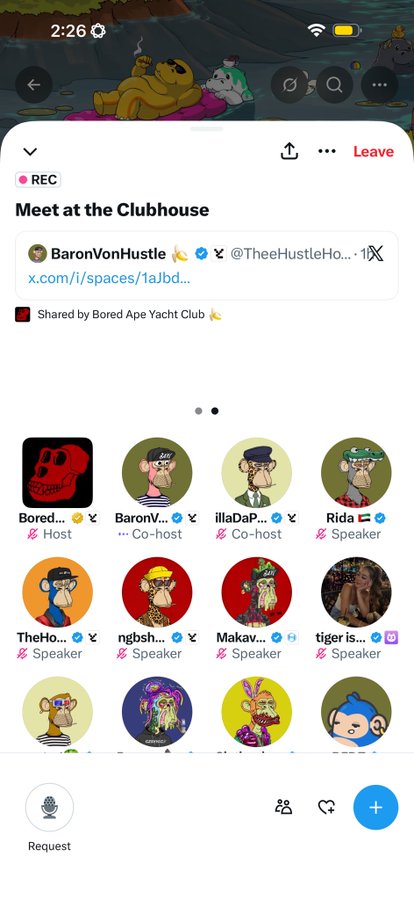 A mobile screen recording shows a Clubhouse interface titled 'Meet at the Clubhouse' hosted by 'BaronVonHustle', featuring a grid of speakers with Bored Ape avatars.