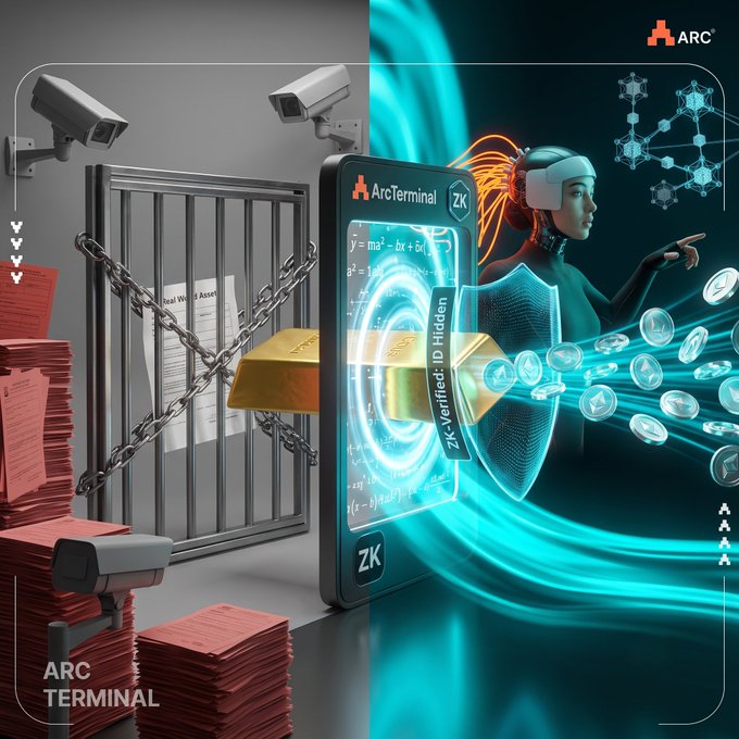 An ARC Terminal promotional graphic showing a split image: the left side depicts traditional security with surveillance cameras, chains, locks, and document stacks, while the right side shows a futuristic VR figure with 'ZK-Verified ID Hidden' holographic shield, illustrating zero-knowledge identity verification.