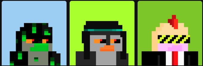 Three pixel art character portraits displayed side by side: a green zombie-like figure, a penguin-headed character with a beard, and a chicken wearing sunglasses and a tie.