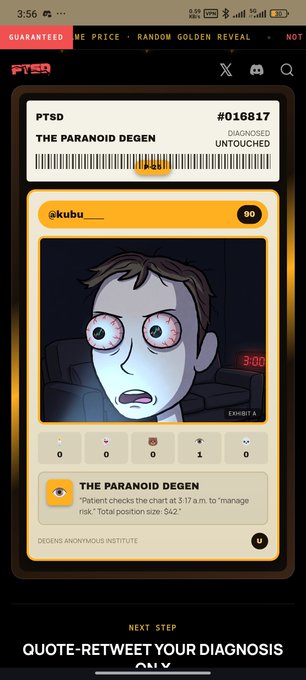 A smartphone screenshot displays a digital trading card titled 'PTSD THE PARANOID DEGEN' showing a wide-eyed cartoon character with the text 'DIAGNOSED UNTOUCHED'.