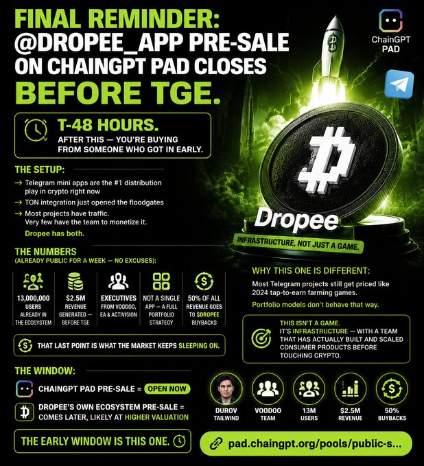A promotional poster for Dropee App features a green rocket ship and the text "T-48 Hours" on a black background, with a white clock face displaying the time of 12:00 PM.