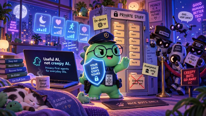 A colorful AI-generated illustration showing a green security guard character protecting data, surrounded by signs reading 'Useful AI, not creepy AI', 'PRIVACY BRIGHTER FUTURE', 'GOOD HUMANS BETTER TECH', and 'NICE BOTS ONLY'.