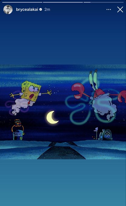 An Instagram story screenshot from user 'brycealakai' showing SpongeBob SquarePants and Mr. Krabs appearing as ghosts or apparitions flying through a dark blue nighttime scene above Bikini Bottom.