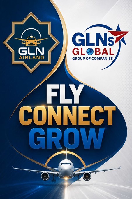 A promotional graphic featuring the GLN AirLand logo and GLNs Global Group of Companies branding, with bold text reading "FLY CONNECT GROW" above an airplane, announcing the AirLand Ambassador & Flight Ticket Agency Program.