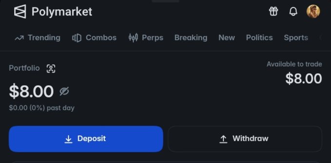 A Polymarket portfolio screenshot showing a starting balance of $8.00 available to trade, with Deposit and Withdraw buttons visible. The image illustrates the humble $8 starting balance referenced in the post about growing to $800k through Premier League predictions on Polymarket.