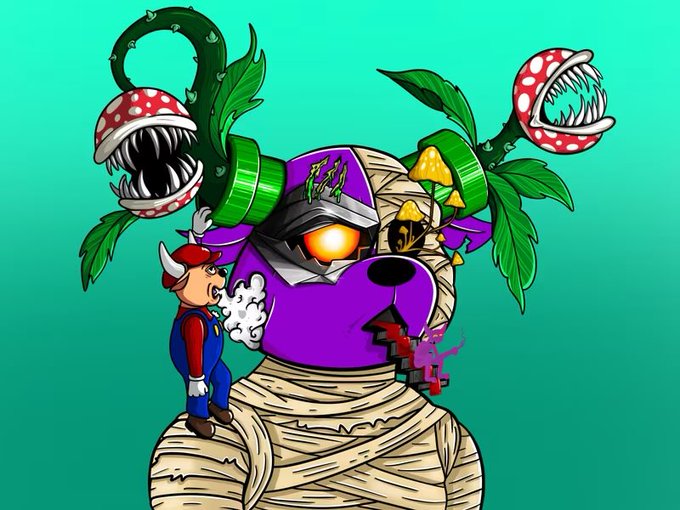 A cartoon illustration of a purple mummy-wrapped dog with mechanical parts and carnivorous green plants growing from its back, featuring Mario standing on its wrapped shoulder against a teal background.