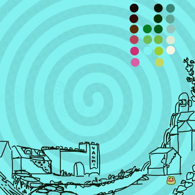 A surreal illustration featuring a swirling blue hypnotic spiral background, a color palette in the upper right, and a black line-drawn village scene along the bottom.