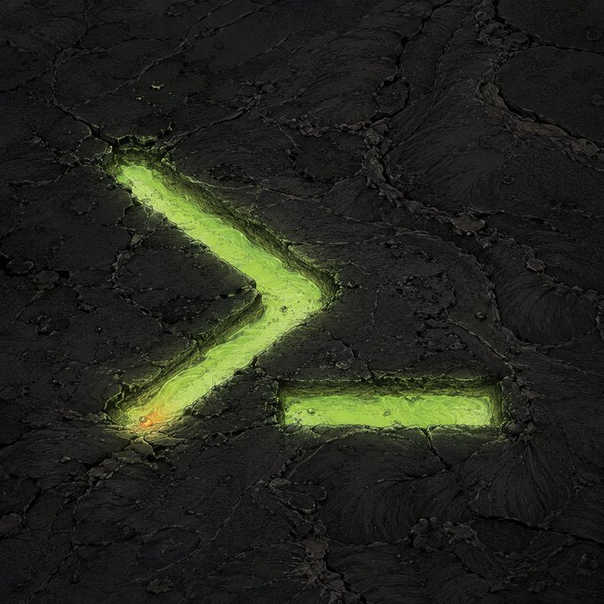 A glowing green arrow points down on a dark, cracked stone or lava-like surface, suggesting a decline or downward trend.