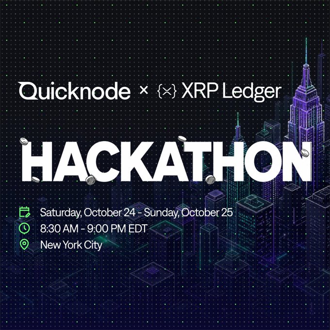 An event poster with a dark, futuristic cityscape background featuring 'Quicknode x XRP Ledger HACKATHON' in large white text, with details 'Saturday, October 24 - Sunday, October 25', '8:30 AM - 9:00 PM EDT', and 'New York City'.