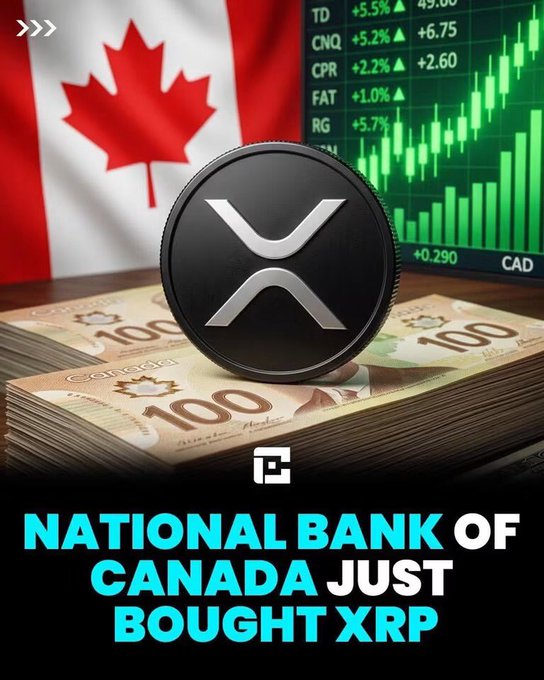A promotional graphic features an XRP coin over Canadian currency with the Canadian flag and stock chart in the background, displaying the text 'NATIONAL BANK OF CANADA JUST BOUGHT XRP'.