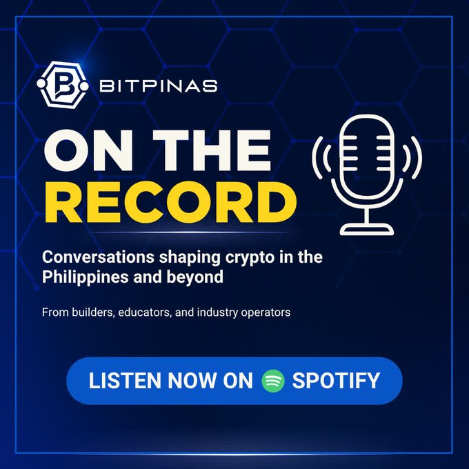 A promotional graphic for BitPinas' 'On The Record' podcast, featuring a microphone icon and the tagline 'Conversations shaping crypto in the Philippines and beyond,' with a button to listen on Spotify.