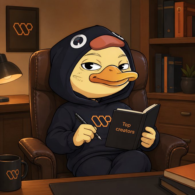 The image features a cartoon duck sitting in an office chair with a book open in front of him. The duck has a black hoodie and is wearing a pen in its beak. The background shows a desk, bookshelves filled with books, and a lamp on one side of the room. The post about @wallchain creators seems to be related to the image as it talks about structured data and engagement tracking.