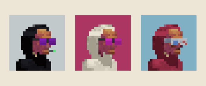 Three pixel art portraits of a hooded figure wearing distinctive purple and white visors, set against blue, magenta, and light blue backgrounds respectively.