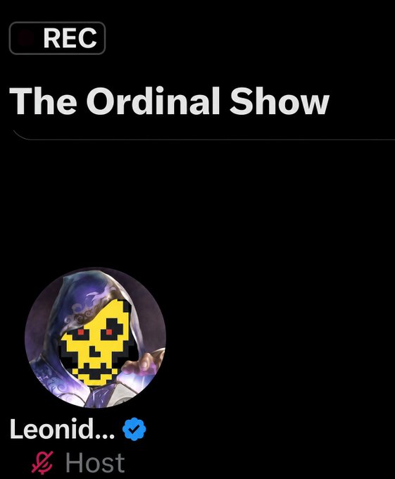 A screenshot of a recording titled 'The Ordinal Show' hosted by 'Leonid...' with a pixelated yellow skull avatar and a muted microphone icon.
