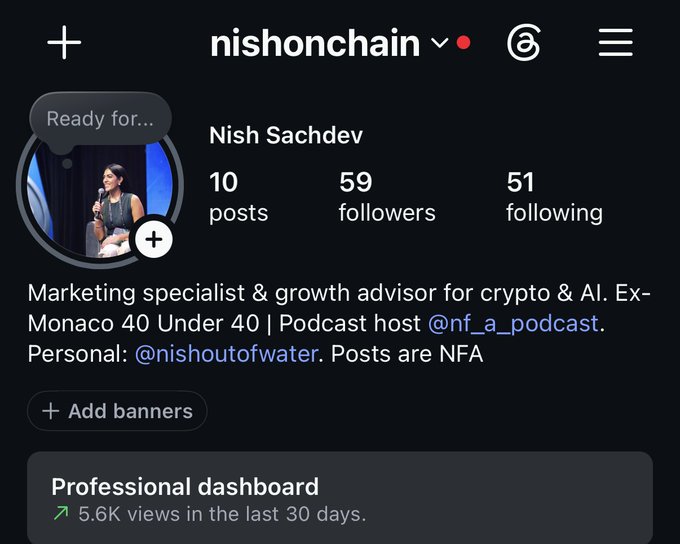An Instagram profile for 'nishonchain' (Nish Sachdev), a marketing specialist and growth advisor for crypto & AI, ex-Monaco 40 Under 40, with 10 posts, 59 followers, and 51 following.