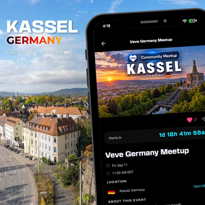 A promotional graphic for a 'Veve Germany Meetup' in Kassel, Germany, showing a smartphone screen displaying event details over a background photo of the city's buildings and a monument.