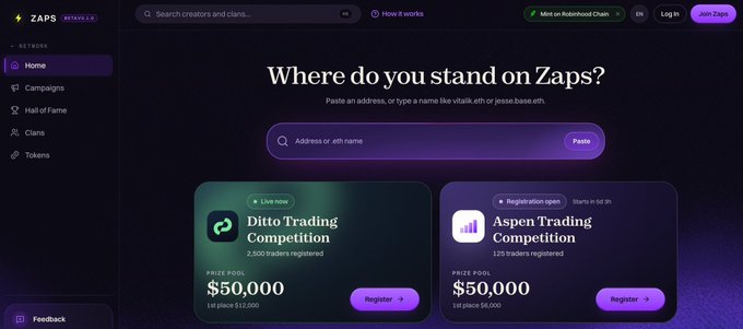 A dark-themed website interface for 'Zaps' displaying 'Where do you stand on Zaps?' with options to paste an address or ENS name, featuring two trading competitions: 'Ditto Trading Competition' and 'Aspen Trading Competition', each with a $50,000 prize pool.