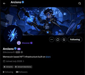 Twitter/X profile for Arcion (@Arcionsnft), described as a 'Memecoin based NFT infrastructure built on @arc', joined July 2026, with 2 Following and 29 Followers.