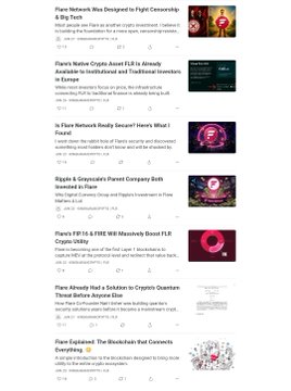 The image shows a series of article previews from a Substack focused on Flare Network ($FLR) and its ecosystem, with headlines covering topics like Flare's design for combat censorship, institutional and traditional finance adoption in Europe, Ripple's partnership with Securitize, and Flare's ETF filing for FLR. The articles align with the post's promotion of educational and deep-dive research content about the Flare Networks ecosystem on Substack.