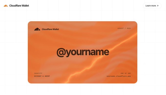 A Cloudflare Wallet interface displays an orange digital card showing '@yourname' as the account and agent, dated August 2026.