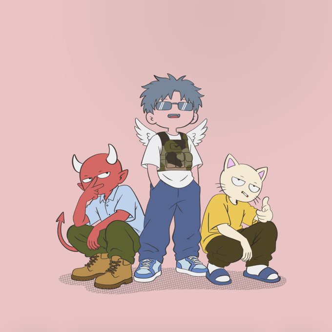 An illustration features three cartoon characters—a red devil, a person with blue hair and sunglasses wearing a tactical vest, and a white cat—posing against a pink background.