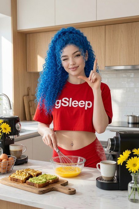 A young woman with voluminous curly blue hair wearing a red crop top reading 'gSleep' is whisking eggs in a glass bowl in a bright modern kitchen, with toast and avocado on a cutting board nearby.