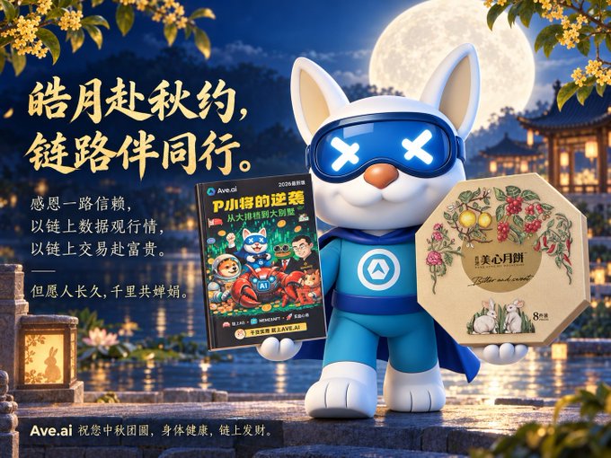Mid-Autumn Festival themed illustration from Ave.ai featuring a cat mascot in blue X-goggle attire holding a 'Pharos' event card and a mooncake gift box, with Chinese poetry text celebrating reunion and prosperity under a full moon.