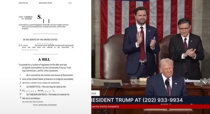 The image shows a legislative document titled "S.[__]" from the 119th Congress, 1st Session, proposing "A BILL to provide for a system of regulation of the offer and sale of digital commodities by the Commodity Futures Trading Commission," alongside a scene of President Trump seated at a podium with Vice President JD Vance and Speaker Mike Johnson applauding behind him, with a banner displaying "PRESIDENT TRUMP AT (202) 933-9934." This relates to the post by visually reinforcing the upcoming House hearing on the "Cryptocurrency Clarity Act" and Trump's stated intention to sign the legislation immediately upon reaching his desk, potentially unleashing over $1.5 trillion into the crypto market.
