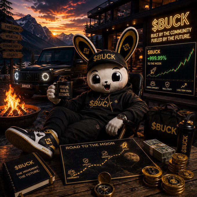 A promotional image featuring a bunny character wearing $BUCK merchandise, sitting next to a Mercedes G-Wagon with a chart showing +999.99% gains, surrounded by $BUCK branded items and the text 'BUILT BY THE COMMUNITY FUELED BY THE FUTURE.'