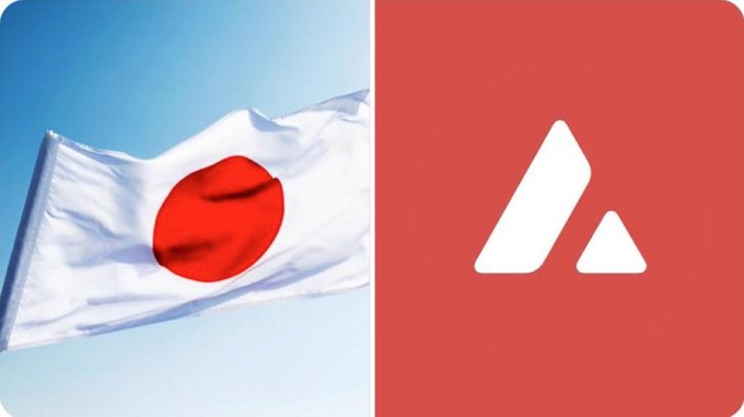 The image shows the Japanese flag alongside the Avalanche logo, representing Progmat's migration of over $3 billion in digital securities from R3's Corda blockchain to an Avalanche Layer 1 network. The two symbols visually symbolize the transition of Japan's tokenization infrastructure from the Corda platform to Avalanche's ecosystem.