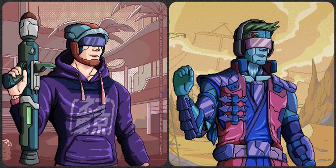 A split-panel cartoon illustration of two characters: a person in a purple hoodie and cap holding a futuristic gun on the left, and a blue-skinned cyborg/robot character with green hair and a pink vest on the right.