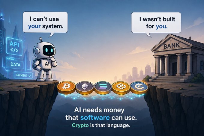 An illustration depicting an AI robot on one cliff saying 'I can't use your system' to a traditional bank on the other cliff saying 'I wasn't built for you', with cryptocurrency coins bridging the gap and the text 'AI needs money that software can use. Crypto is that language.'