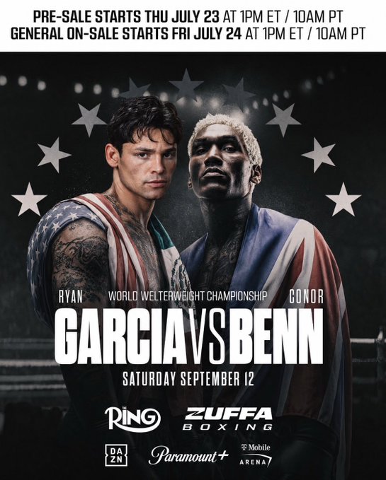 Promotional poster for the World Welterweight Championship boxing match between Ryan Garcia and Conor Benn on Saturday, September 12, with pre-sale starting Thursday, July 23 and general on-sale Friday, July 24, at 1PM ET/10AM PT, broadcast on Zuffa Boxing via DAZN and Paramount+ at F Mobile Arena, linking to the AXS ticketing page.
