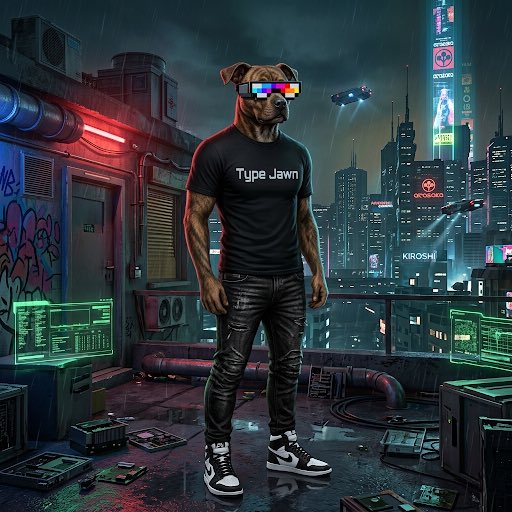 A digital illustration of an anthropomorphic dog wearing a 'Type Jawn' t-shirt, shutter shades sunglasses, and jeans, standing in a cyberpunk cityscape with neon lights.