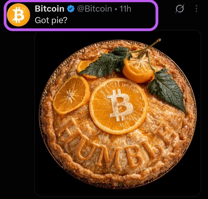 A tweet from @Bitcoin captioned "Got pie?" features an image of a golden-baked pie with a Bitcoin logo made of pastry on an orange slice, surrounded by orange slices, mint leaves, and crust lettering spelling "NUMBIS." The post plays on the word "pie" to reference Pi Network, suggesting a playful nod to PiCoin joining the cryptocurrency conversation alongside Bitcoin.
