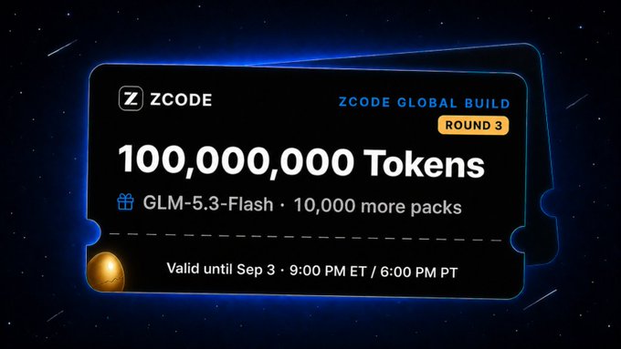 The image promotes “ZCode Global Build — Round 3,” offering 100,000,000 free GLM-5.3-Flash tokens across 10,000 additional packs. The offer is valid until 9:00 PM ET / 6:00 PM PT and appears as a new card at the bottom-left of the ZCode app.