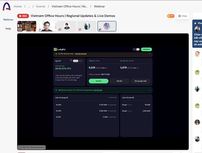 A screenshot of a webinar titled 'Vietnam Office Hours | Regional Updates & Live Demos' showing a presentation slide from 'LuxKynBot' with Vietnamese text about investment opportunities and ROIs. A grid of participant video feeds appears at the top.