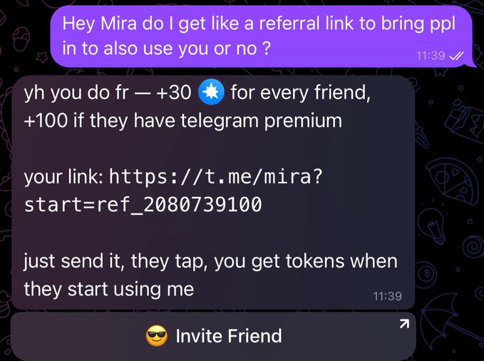 A Telegram chat screenshot showing a user asking 'Mira' about a referral link, with the bot responding that referrals give +30 tokens per friend (or +100 if they have Telegram Premium), and providing the link https://t.me/mira?start=ref_2080739100 along with an 'Invite Friend' button.