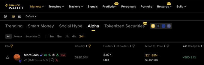 A screenshot of Binance Wallet's Alpha trending tab shows $MarsCoin (MarsCoin) listed with a price of $0.021889, market cap of $21.88M, liquidity of $920.64K, 8.07K holders, and a notable 24-hour price change of +500.91%. The image visually confirms the post celebrating MarsCoin's inclusion in the Binance Alpha trending listings.