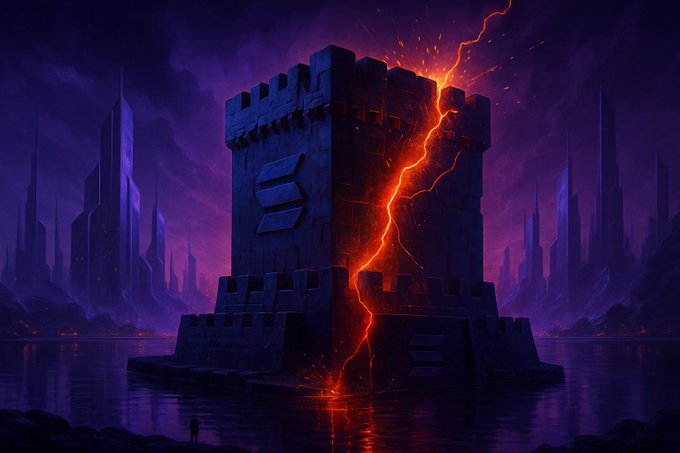 A dark, fantasy digital artwork of a tall stone tower with the Solana logo, split by a glowing orange lightning bolt, set against a purple sky with a futuristic city in the background.