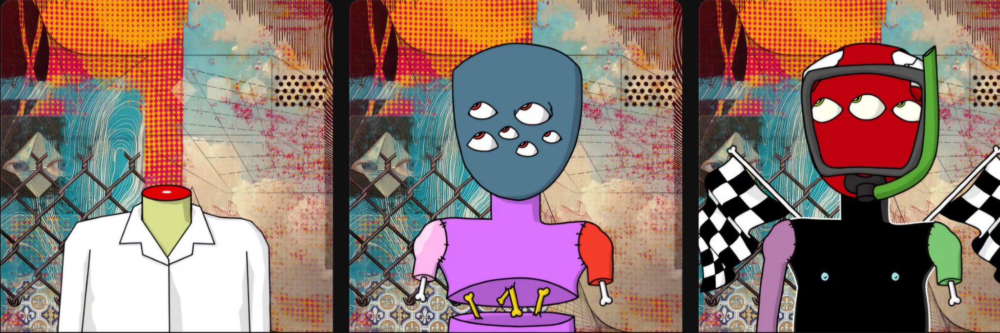 A triptych of surreal, collage-style art panels showing a headless figure in a lab coat, a blue multi-eyed masked figure in purple, and a red scuba-masked figure with checkered flags against textured backgrounds.