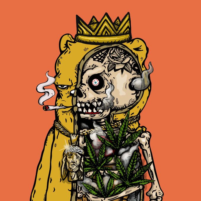 A stylized illustration of a skeletal figure wearing a yellow bear costume and crown, smoking a cigarette with cannabis leaves visible in its chest cavity.