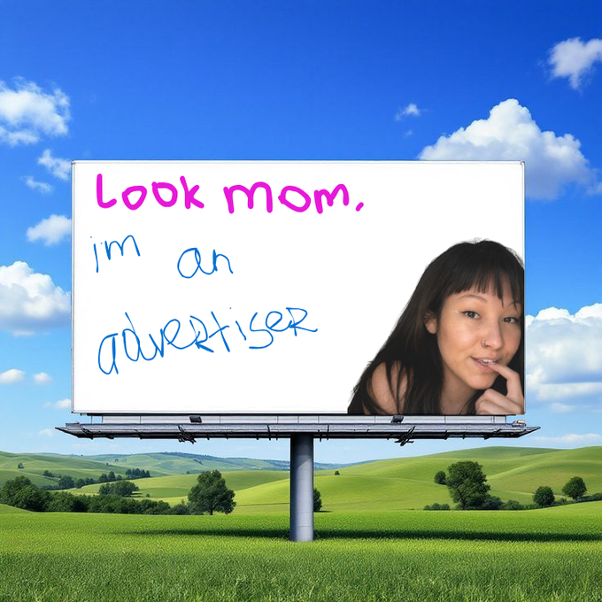 A billboard in a grassy field displays handwritten-style text reading "Look mom, im an advertiser" alongside a smiling woman, playfully illustrating the post's idea of users becoming their own advertisers through the @attentionmine agent-run billboard protocol where participants bid SOL to win ad spots.