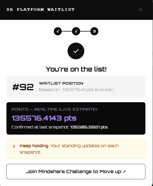 A digital interface showing "SR PLATFORM WAITLIST" with the message "You're on the list!" at waitlist position #92, displaying "135576.4143 pts" in real-time points.